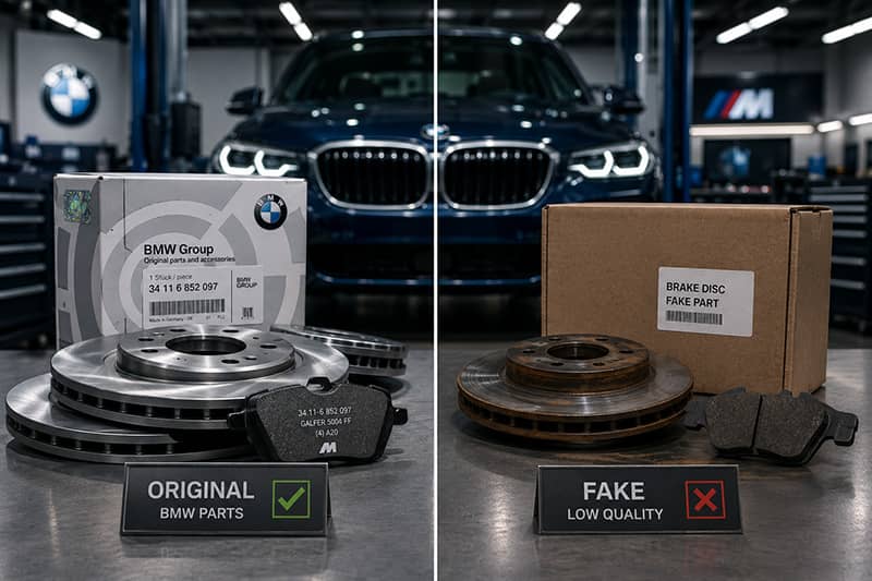 مقایسه قطعات اصلی بی ام و با قطعات تقلبی شامل دیسک ترمز و لنت ترمز BMW